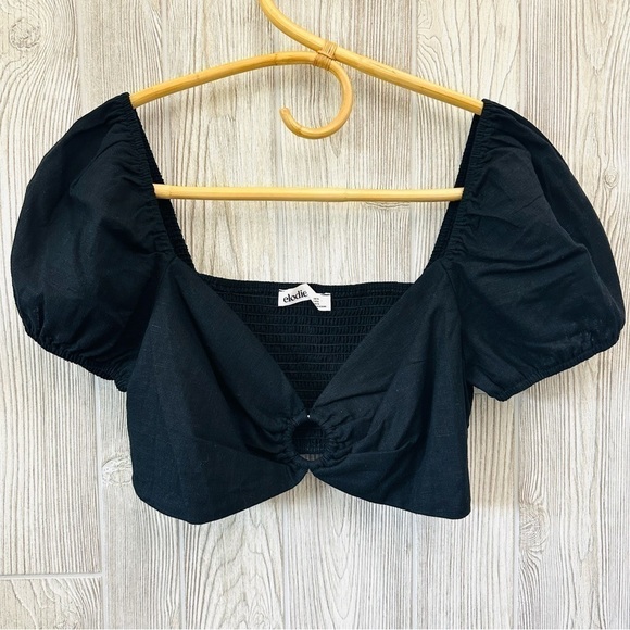 NEW! LINEN ELODIE Crop Top in black! Size XL Puff Sleeve Boho Summer - Picture 1 of 7